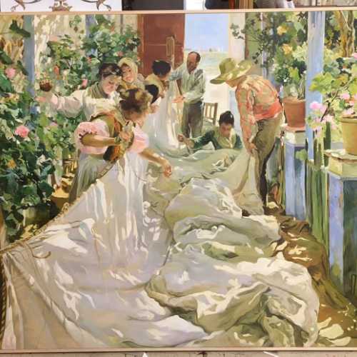 Cosiendo la vela' pintado según Sorolla